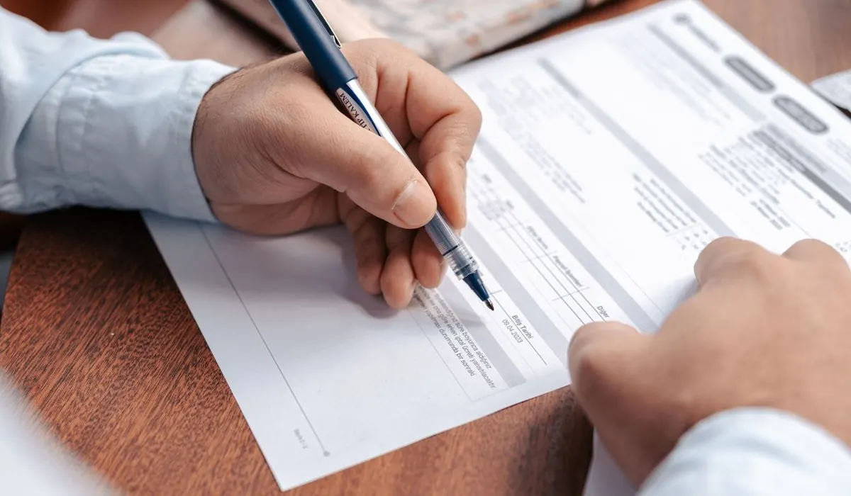 Personne qui remplit un contrat d'assurance au stylo